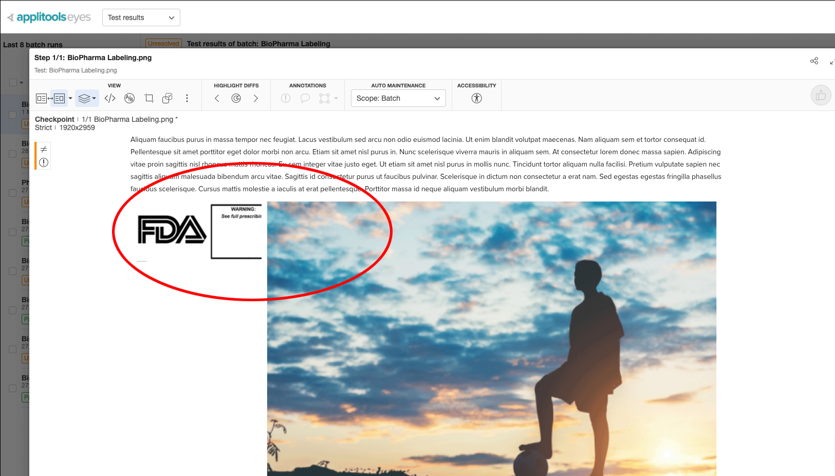 Visual AI comparison highlighting covered FDA warning on a healthcare website.