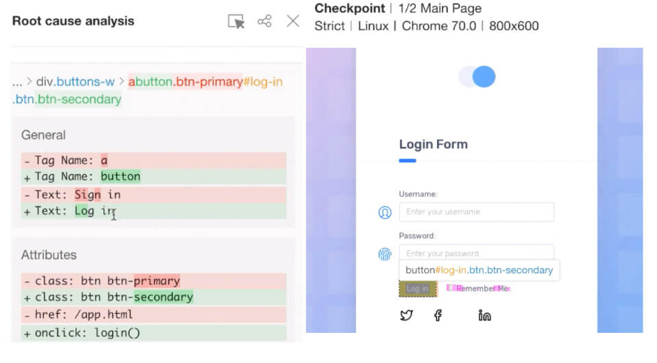 Example of root cause analysis feature in Applitools Eyes