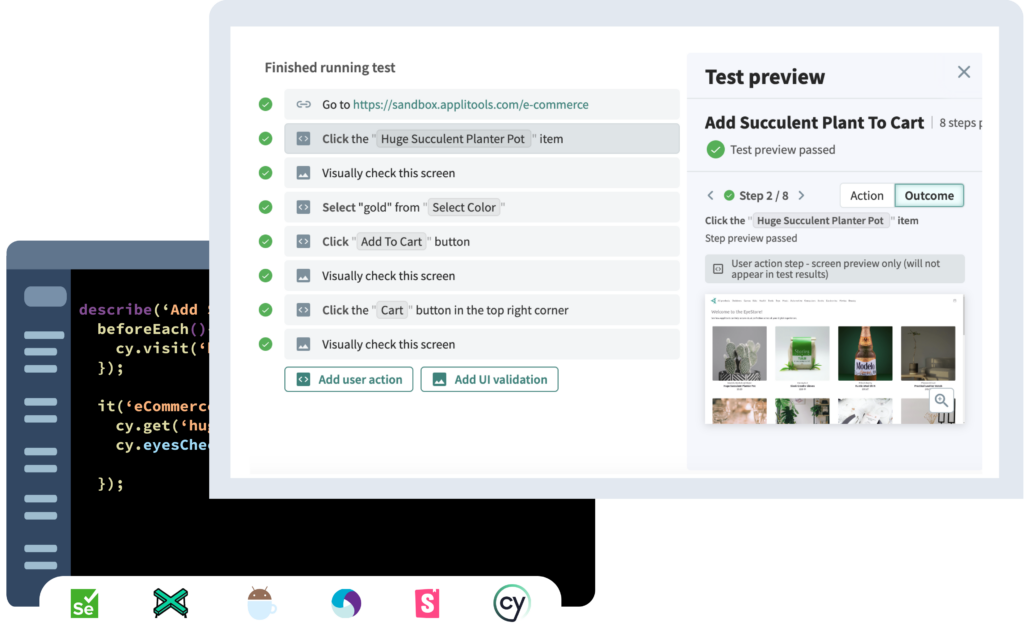 Applitools interfaces comparing the code required to create a test in Eyes to plain English test creation capability in Autonomous