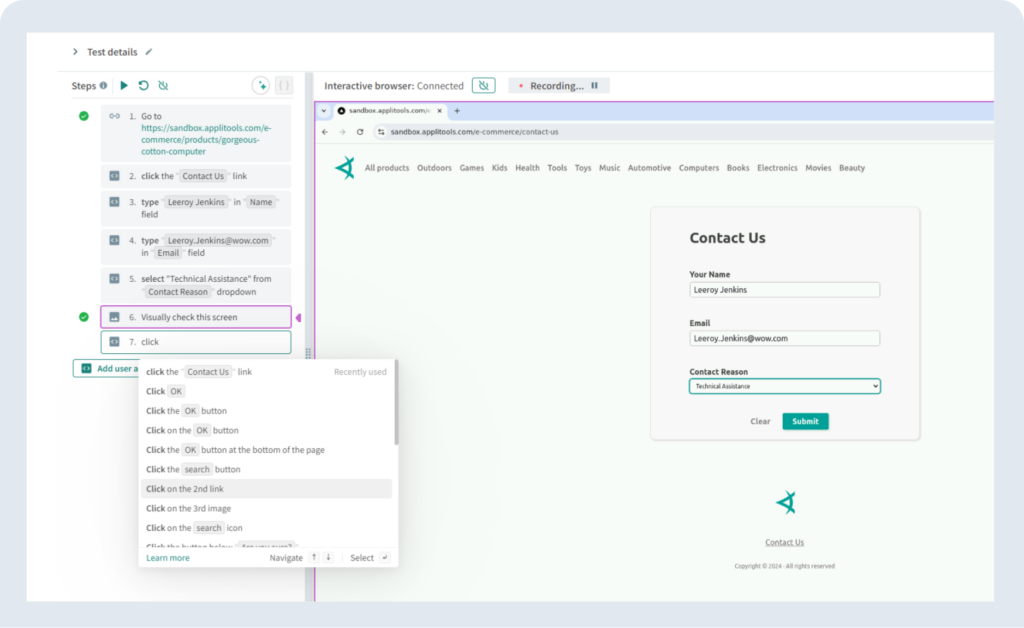 Recording user interactions in real-time within Applitools Autonomous interactive browser for test automation