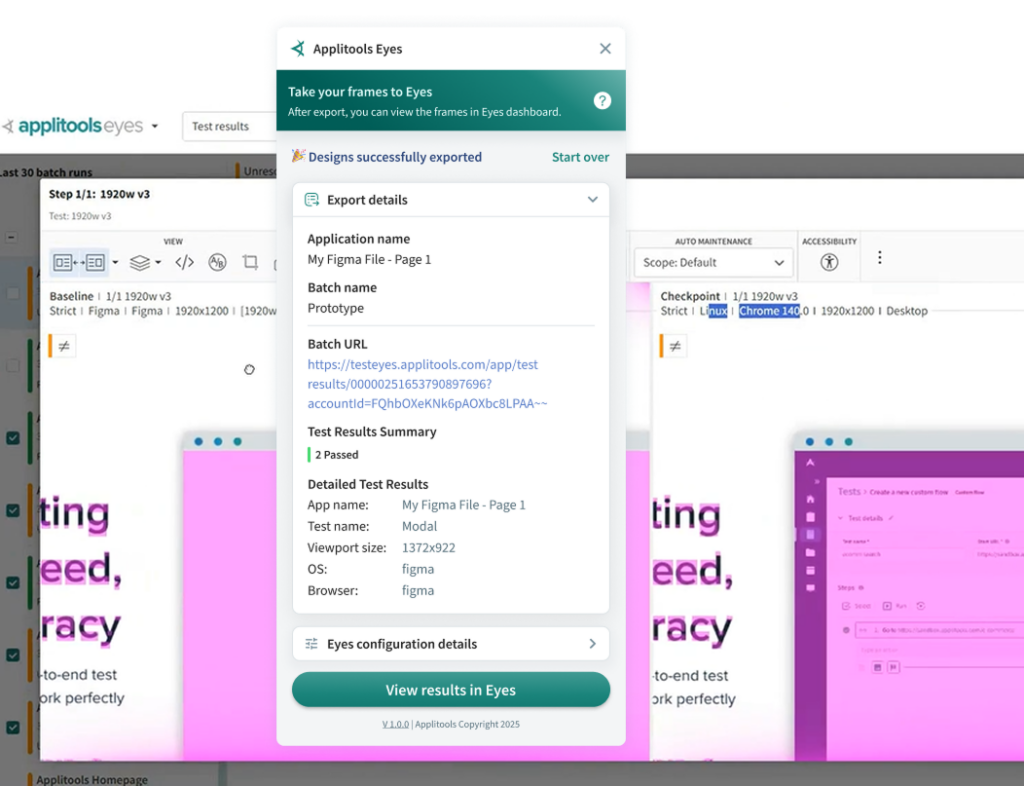 Figma plugin overlayed on screenshot of Applitools Eyes comparing a Figma frame and visual test in Chrom