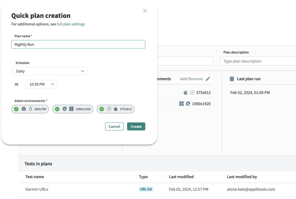 Applitools executing tests across various browsers and devices to ensure responsive design