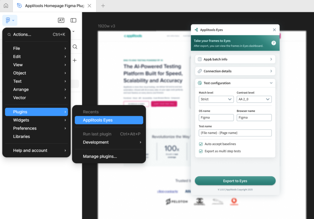 Applitools Eyes Figma plugin on top of a blurry Figma frame