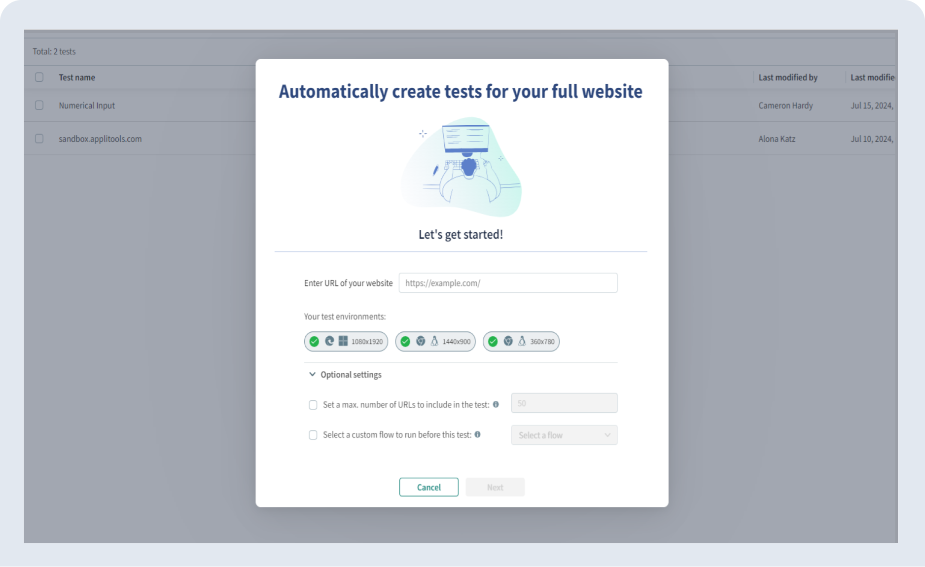 AI-driven test creation interface showcasing Applitools Autonomous generating test cases from a website URL